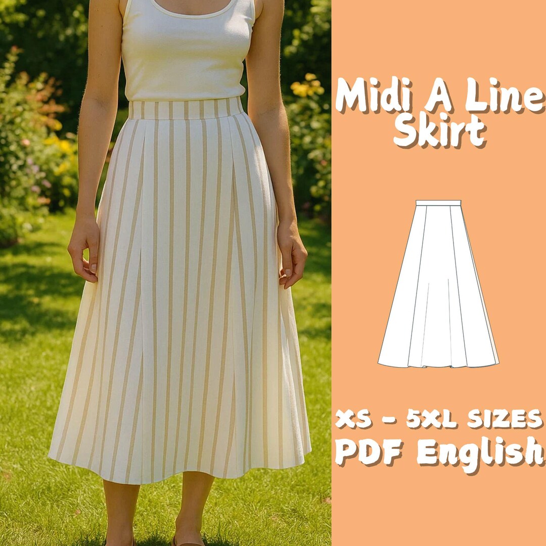 Aline Midi Skirt Sewing Pattern Beginner Friendly, Striped (PDF — free download