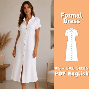 May include: A white, button-down formal dress with short sleeves and a midi length. The dress features a collared neckline and wooden buttons. Text on the right side reads "Formal Dress" and "XS - 5XL SIZES PDF English".