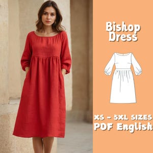 Linen Midi Dress Pattern, Puff Sleeve Gathered Dress Sewing Pattern, Loose Country Dress PDF Pattern, Plus Size XS - 5XL Dress Pattern