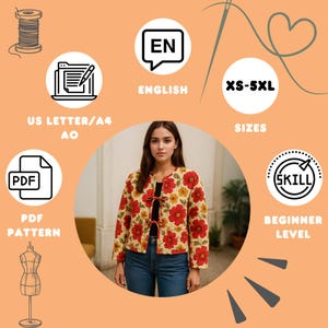 Puede incluir: Se muestra una chaqueta floral con flores rojas y amarillas. La imagen incluye el texto "English", "XS-5XL", "Tallas", "Patr&oacute;n PDF" y "Nivel Principiante". La chaqueta es un patr&oacute;n de costura.