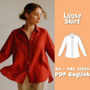 Op de afbeelding: Een loszittend, rood overhemd met lange mouwen en een kraag. De afbeelding bevat een witte illustratie van het overhemd en de tekst "Loose Shirt" en "XS - 5XL SIZES PDF English".