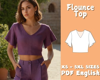 Sewing Pattern: Flare Sleeve Blouse, Linen Tank, V Neck Crop Top (PDF Download)