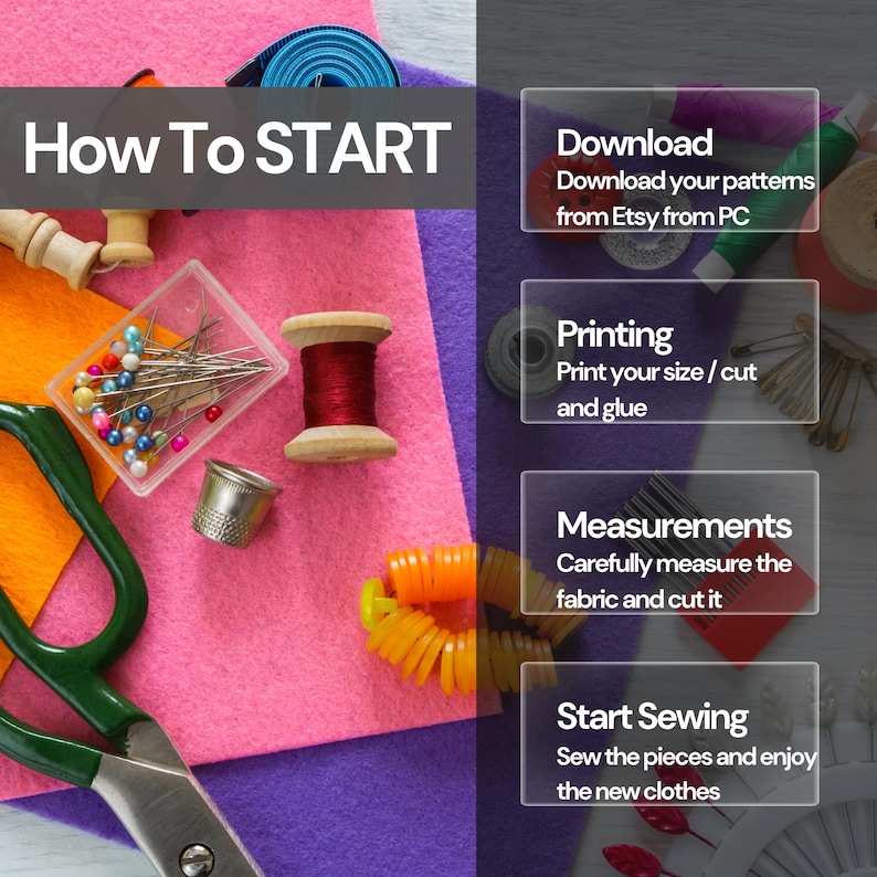 May include: A colorful image with sewing supplies, including scissors, pins, spools of thread, and felt. Text reads "How To START" and instructions for downloading patterns, printing, measuring, and sewing.