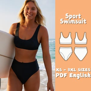 May include: A black sport swimsuit with a high-waisted bottom and scoop-neck top. The image shows a woman holding a surfboard at the beach. Text on the image reads "Sport Swimsuit", "XS - 3XL SIZES", and "PDF English".