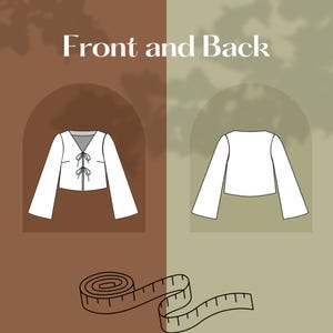 May include: A white blouse pattern with long, flared sleeves, shown from the front and back views. The front view features a V-neck with tie closures. The text "Front and Back" is displayed above the blouse illustrations. A measuring tape is shown at the bottom.