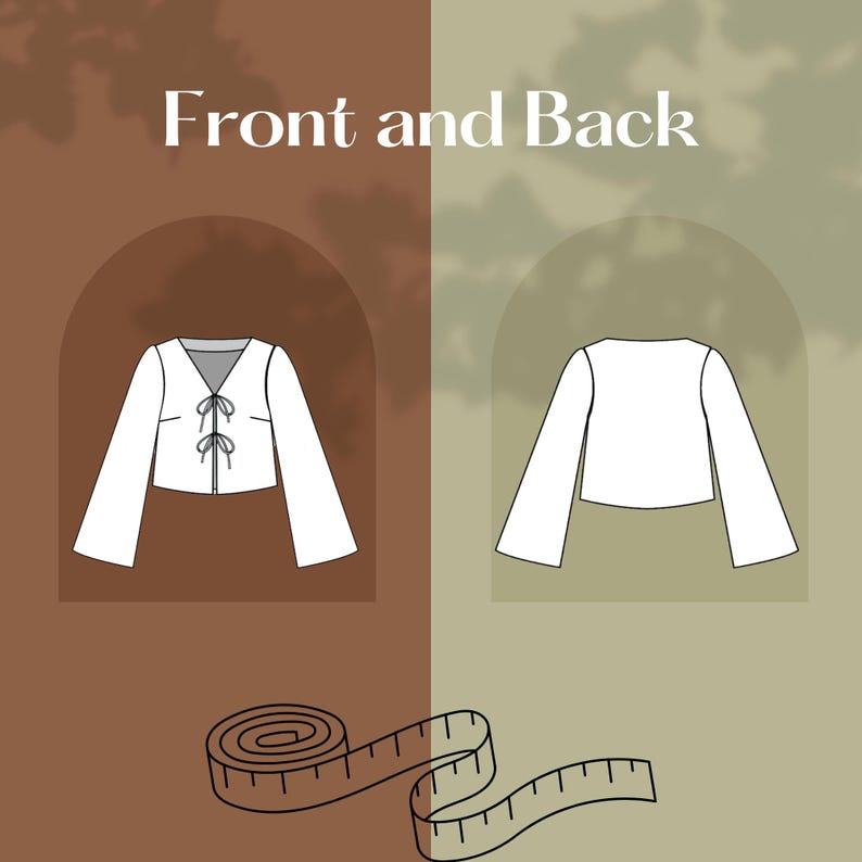May include: A white blouse pattern with long, flared sleeves, shown from the front and back views. The front view features a V-neck with tie closures. The text "Front and Back" is displayed above the blouse illustrations. A measuring tape is shown at the bottom.