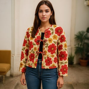 Puede incluir: Chaqueta acolchada con estampado floral con grandes flores rojas y amarillas sobre fondo crema. La chaqueta tiene cuello redondo, dos bolsillos delanteros y cierres de lazo rojos. La persona lleva vaqueros azules.