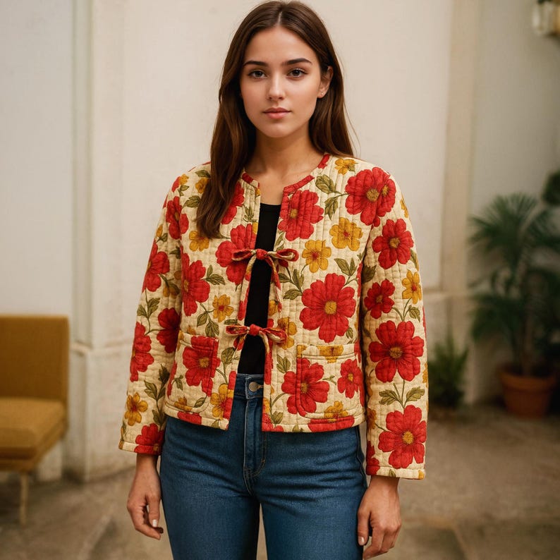 Puede incluir: Chaqueta acolchada con estampado floral con grandes flores rojas y amarillas sobre fondo crema. La chaqueta tiene cuello redondo, dos bolsillos delanteros y cierres de lazo rojos. La persona lleva vaqueros azules.