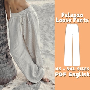 Elastic Waist Loose Pants Sewing Pattern, Loungewear Summer Pants Pattern, Women Trousers PDF Pattern, Palazzo Pants