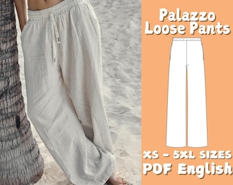 Elastic Waist Loose Pants Sewing Pattern, Loungewear Summer Pants Pattern, Women Trousers PDF Pattern, Palazzo Pants