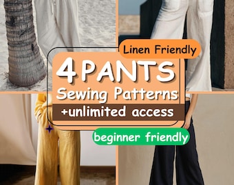 Wide Leg Women Pants Sewing Pattern Set of 4 Cropped Linen Pants Beginner Project Basic Loose Pants Pattern Bundle