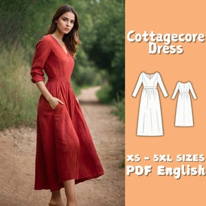 Maxi Linen Dress Sewing Pattern | Long Sleeve Gathered Dress Pattern | Cottagecore V Neck Minimalist Dress PDF Pattern | Loose Dress