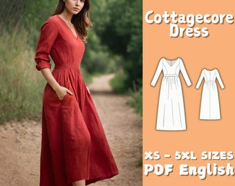 Maxi Leinenkleid Schnittmuster: Cottagecore V-Neck (PDF Pattern)