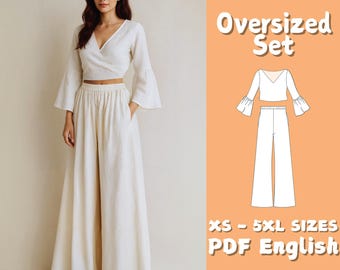 Modello di cucito per completo da salotto in lino: top corto e pantaloni con elastico in vita (modello PDF)