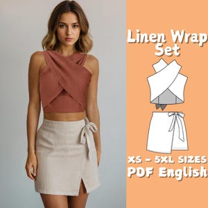 May include: A woman wearing a rust-colored wrap top and a beige wrap skirt. The skirt has a side tie and a front slit. The image also includes a diagram of the outfit and the text "Linen Wrap Set" and "XS - 5XL SIZES PDF English."