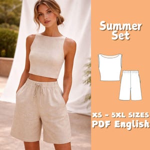 May include: A beige linen summer set, including a crop top and shorts, is modeled. The set features a drawstring waist on the shorts. The image includes the text "Summer Set" and "XS - 5XL SIZES PDF English".