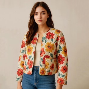 May include: Cream-colored quilted jacket with a vibrant floral pattern in red, yellow, and green. The jacket features a round neckline, three-quarter sleeves, and two front pockets. A stylish outerwear piece for spring or fall.