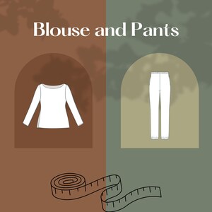 Puede incluir: Ilustraci&oacute;n de una blusa y pantalones blancos. La blusa tiene mangas largas y cuello barco. Los pantalones son de pierna recta con cintura el&aacute;stica. Una cinta m&eacute;trica est&aacute; en la parte inferior. El texto dice "Blouse and Pants".