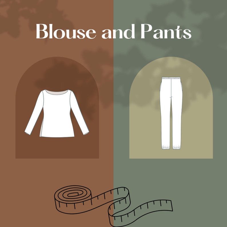 Puede incluir: Ilustraci&oacute;n de una blusa y pantalones blancos. La blusa tiene mangas largas y cuello barco. Los pantalones son de pierna recta con cintura el&aacute;stica. Una cinta m&eacute;trica est&aacute; en la parte inferior. El texto dice "Blouse and Pants".