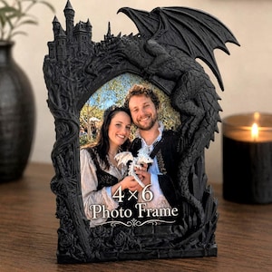 Ornate Fantasy Picture Frame 4x6 | Maximalist Dragon Castle Sword Rose Photo Frame | Gothic Vintage Style Desk Wall Decor | Magnetic Back