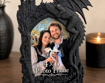 Ornate Fantasy Picture Frame 4x6 | Maximalist Dragon Castle Sword Rose Photo Frame | Gothic Vintage Style Desk Wall Decor | Magnetic Back