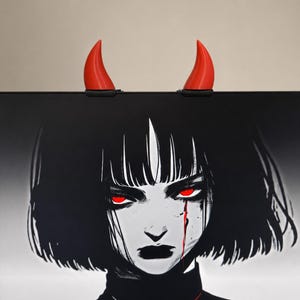 May include: A pair of bright red devil horns attached to the top edge of a black and white illustration featuring a person with short dark hair, glowing red eyes, a single red tear, and a necklace with a red and white cross pendant.