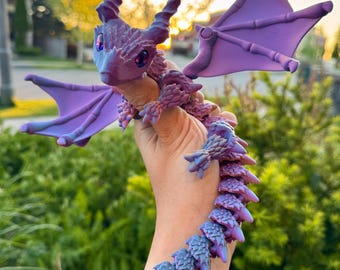 Articulated Winged Dragon V1 | Dreamy Purple Sunset Edition | 3D Printed Fantasy Dragon Gift, Bookshelf Decor & Romantic Wedding Gift