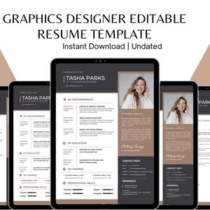 Könnte beinhalten: Eine schwarz-weiße Lebenslaufvorlage mit braunem Hintergrund. Die Vorlage ist für einen Grafikdesigner konzipiert und enthält Abschnitte für Berufserfahrung, Ausbildung, Auszeichnungen, berufliche Fähigkeiten und Kontaktinformationen. Die Vorlage ist editierbar und kann sofort heruntergeladen werden.