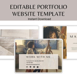 Pode incluir: Modelo de site web de portfólio editável. O modelo apresenta um fundo cinza claro com uma caixa de texto branca que diz "Modelo de site web de portfólio editável" e "Download instantâneo". O modelo também apresenta duas maquetes de páginas web. A primeira maquete apresenta uma foto de uma pilha de livros com o texto "Adicione uma citação aqui. Lorem ipsum dolor consectetur quisque consequat vestibulum." A segunda maquete apresenta uma foto de uma mulher pintando com o texto "Trabalhe comigo" e as informações de contato. As informações de contato incluem um endereço, um número de telefone e um endereço de e-mail. As informações de contato também incluem ícones de mídia social para Instagram, Twitter e Facebook.