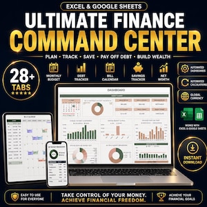 Può includere: Annuncio di uno strumento finanziario compatibile con Excel e Google Sheets. L'immagine mostra un laptop, un tablet e uno smartphone che visualizzano dashboard finanziari. Il testo include "Ultimate Finance Command Center", "Pianifica, Traccia, Risparmia, Estingui i debiti, Costruisci ricchezza" e "Download istantaneo."