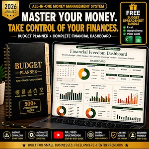Può includere: Un pianificatore di budget nero con rilegatura a spirale, testo dorato e schede accanto a un portatile che mostra un dashboard finanziario. Lo schermo visualizza grafici, un calendario e dati. Il testo include 2026 UPDATED e FREE BUDGET SPREADSHEET BUNDLE.