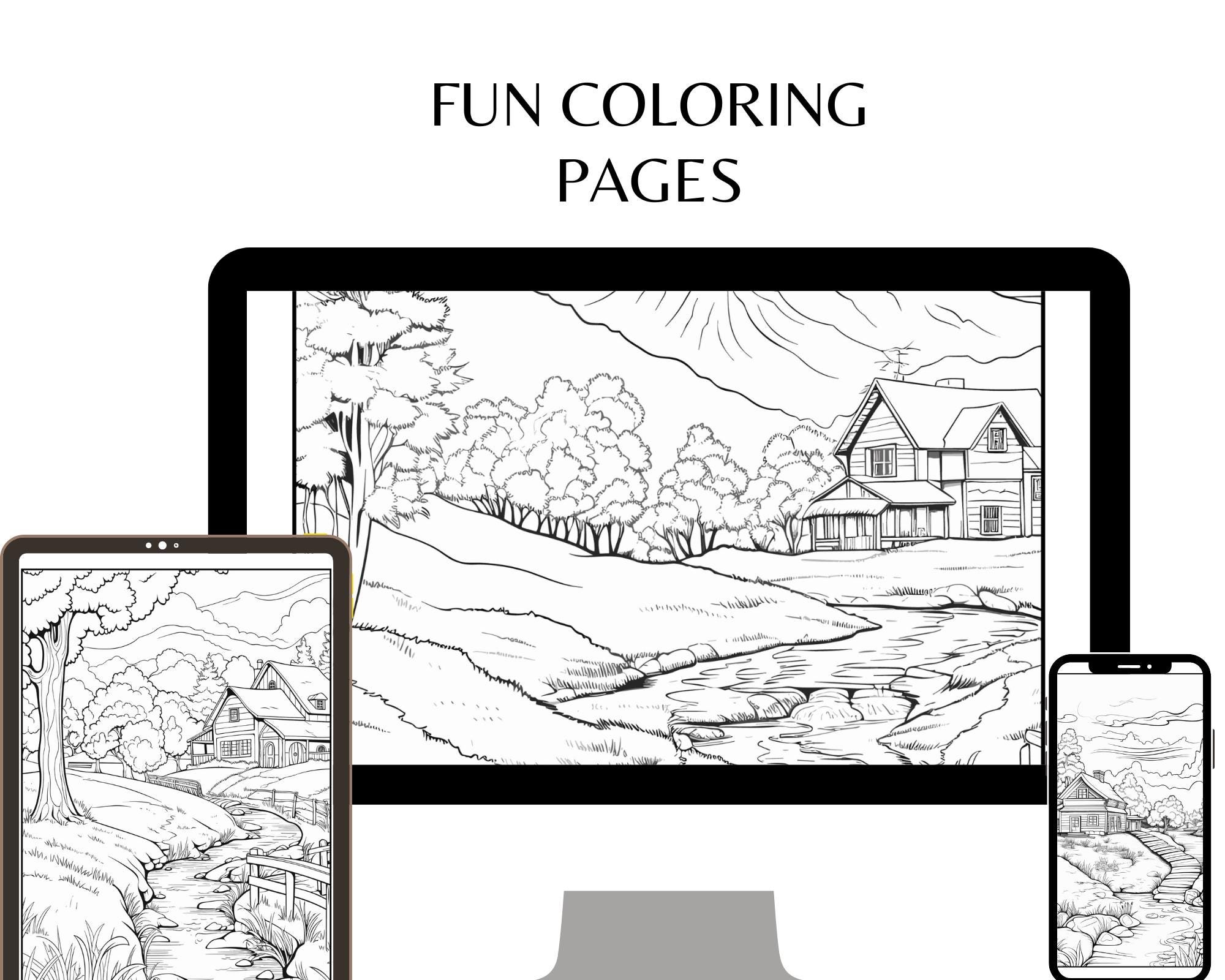 Nature Coloring Pages, Printable Landscape Art, Relaxing Outdoor Scenes ...