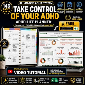 Puede incluir: Un sistema de planificación de vida ADHD todo en uno con 146 páginas, un rastreador de rutina diaria y un panel digital para la gestión financiera. Incluye un sistema de presupuesto automatizado gratuito para Excel y Google Sheets y un tutorial.