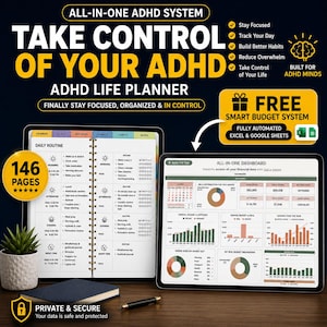 Agenda digitale per ADHD / Foglio di calcolo per il budget in Excel/Fogli Google / Strumento di monitoraggio finanziario / Agenda GoodNotes per iPad / Organizzatore per la vita e la produttività
