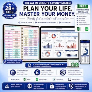 Planificador digital todo en uno Sistema de gestión de vida y dinero Planificador de presupuesto Hoja de cálculo de presupuesto anual avanzada Seguimiento de facturas Seguimiento de deudas