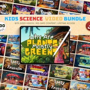 May include: A digital video bundle for children with 100 science videos. The image shows a tablet displaying a video titled "Why Are Plants Mostly Green?" surrounded by thumbnails of other educational videos. The bundle includes bite-sized videos and kid-safe content.