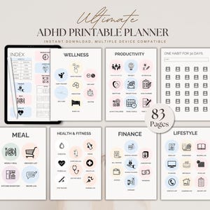 Op de afbeelding: Een printbare planner ontworpen voor mensen met ADHD. De planner is onderverdeeld in secties voor verschillende gebieden van het leven, zoals welzijn, productiviteit, financiën, gezondheid en fitness, maaltijdplanning en levensstijl. De planner bevat 83 pagina's en is compatibel met meerdere apparaten.