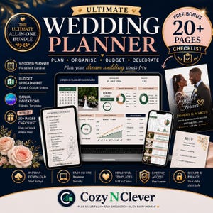 May include: An all-in-one wedding planner bundle with a navy blue and gold design. The image includes a laptop, tablet, and smartphone displaying planning tools, checklists, and invitation templates. The text reads "Ultimate Wedding Planner".