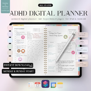 Pode incluir: Um planejador digital ADHD sem data para iPad e Android, com mais de 140 páginas com hiperlinks. O planejador inclui seções de estudo e projeto, com 6 temas de cores, 80 modelos, 50 capas e 1600 adesivos. Download instantâneo.