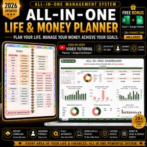 Op de afbeelding: Een alles-in-één levens- en geldplanner beheersysteem voor 2026. De afbeelding toont een digitale planner-interface met een indexpagina en een financieel dashboard met grafieken, diagrammen en budgetoverzichten voor Excel en Google Sheets.