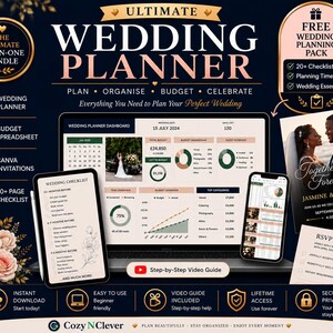 May include: An Ultimate Wedding Planner digital bundle featuring a laptop, tablet, and smartphone displaying a dashboard, checklists, and budget spreadsheets. Includes a wedding invitation, RSVP card, and icons for checklists, timelines, and video guides.