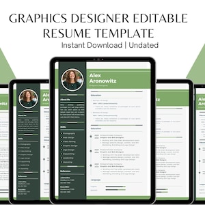 Könnte beinhalten: Eine grüne und weiße Lebenslaufvorlage mit einem Foto einer Person in der oberen linken Ecke. Die Vorlage ist für einen Grafikdesigner konzipiert und enthält Abschnitte für Über mich, Fähigkeiten, Ausbildung, Erfahrung und Sprache. Der Text "Alex Aronowitz" befindet sich oben auf der Seite.