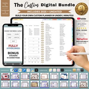 以下が含まれることがあります： レイアウトオプションを表示するタブレットと電話を備えたデジタルプランナーバンドル。ステッカーと表紙が含まれています。「The Custom Digital Bundle」と「Build your own custom planner in under 2 minutes!」というテキストが表示されます。