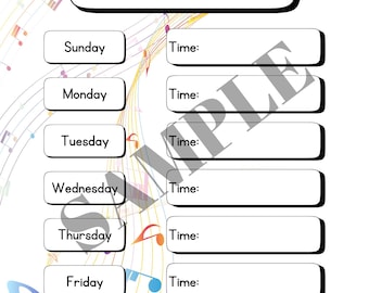 May include: A printable weekly practice schedule with a musical theme. The schedule includes days of the week, Sunday through Saturday, with a space to write in the time for each day. The background is a colorful design of musical notes.