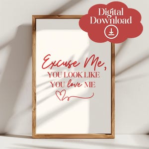 May include: Printable digital download of a red and white graphic with the text "Excuse Me, You Look Like You Love Me" with a red heart.