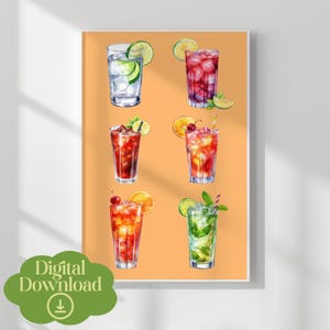 Letnie kolorowe napoje alkoholowe v2 Bar Cart Printable Wall Art, modna sztuka ścienna, plakat koktajlowy, wystrój kuchni, akwarelowa sztuka baru
