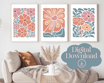 boho abstract flowers print set of 3, terracotta prints, floral wall art, vintage art print, boho printable art, flower market poster