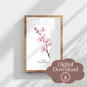 3 月の桜の誕生花の印刷物、植物の壁アート、水彩画の印刷物、即時ダウンロード、母の日ギフト、家の壁の装飾