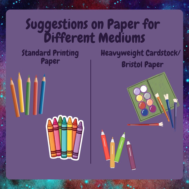 May include: A purple graphic with the text "Suggestions on Paper for Different Mediums." The left side shows colored pencils and crayons, labeled "Standard Printing Paper." The right side shows a watercolor palette, brushes, and colored pencils, labeled "Heavyweight Cardstock/Bristol Paper."