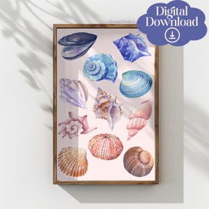 coastal wall art seashells print digital art download cute summer art print girly wall art trendy beach house decor, watercolor, version 1